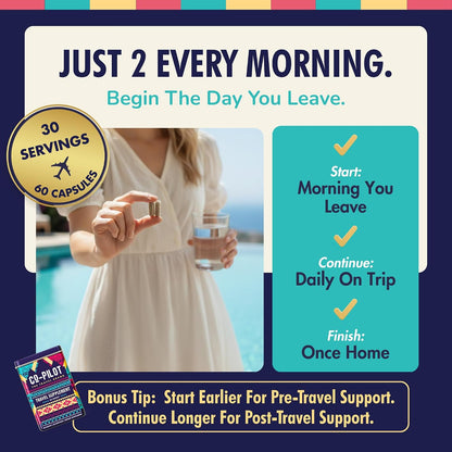 Co-Pilot The Travel Brand Original Travel Supplement - Jet Lag Remedy with Ashwagandha, Rhodiola & Vitamin D3, Vegan, 60 Capsules