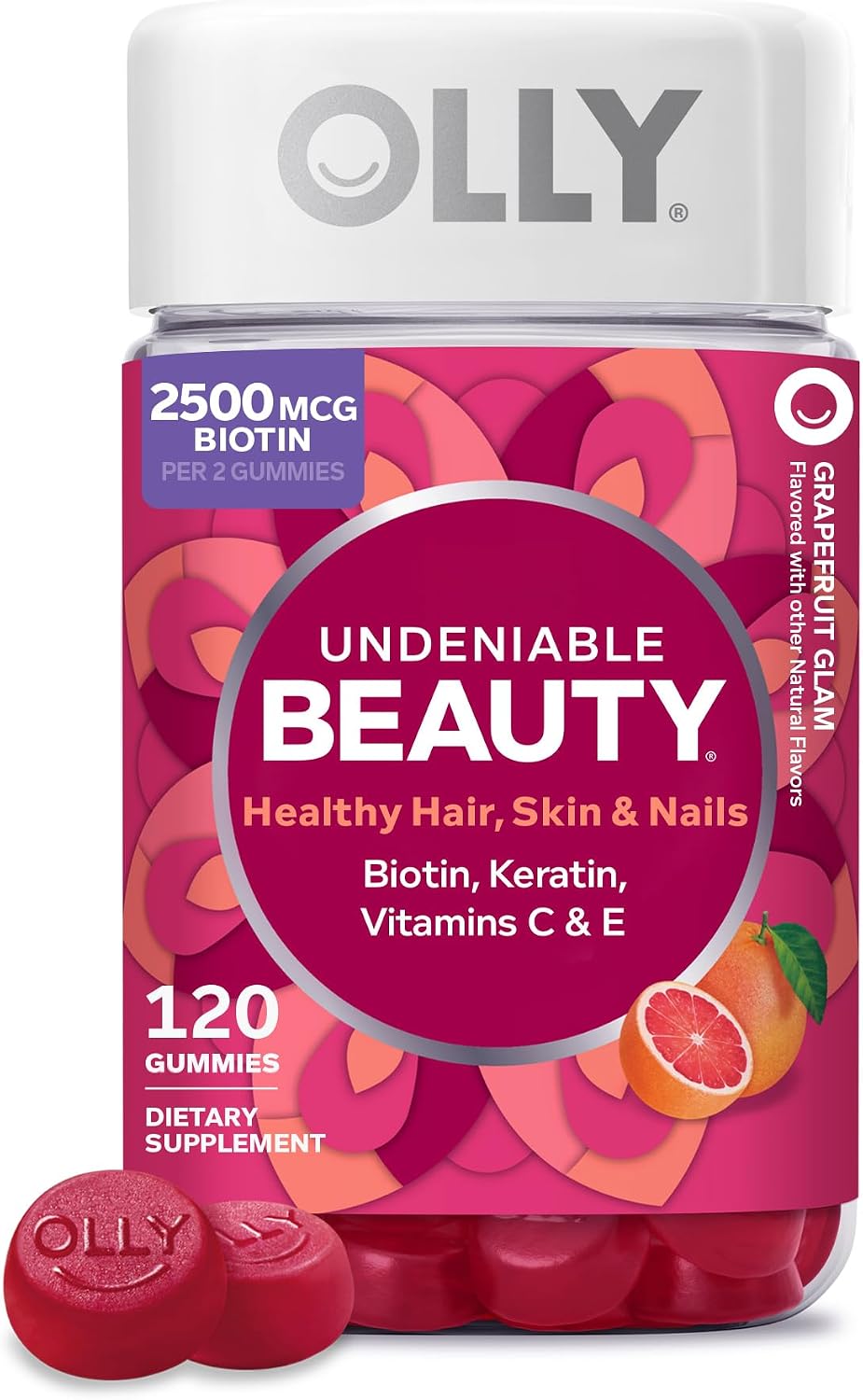 OLLY Undeniable Beauty Hair, Skin & Nails Gummies with Biotin 2500mcg, Keratin & Vitamin C – Grapefruit – 120 Count - görsel 1