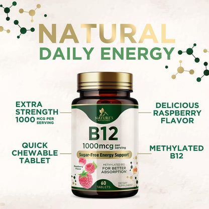 Vitamin B12 1000 mcg Methylcobalamin Chewable Tablets – Energy, Nervous System & Brain Support – Vegan, Non-GMO, Gluten-free – 60 Count