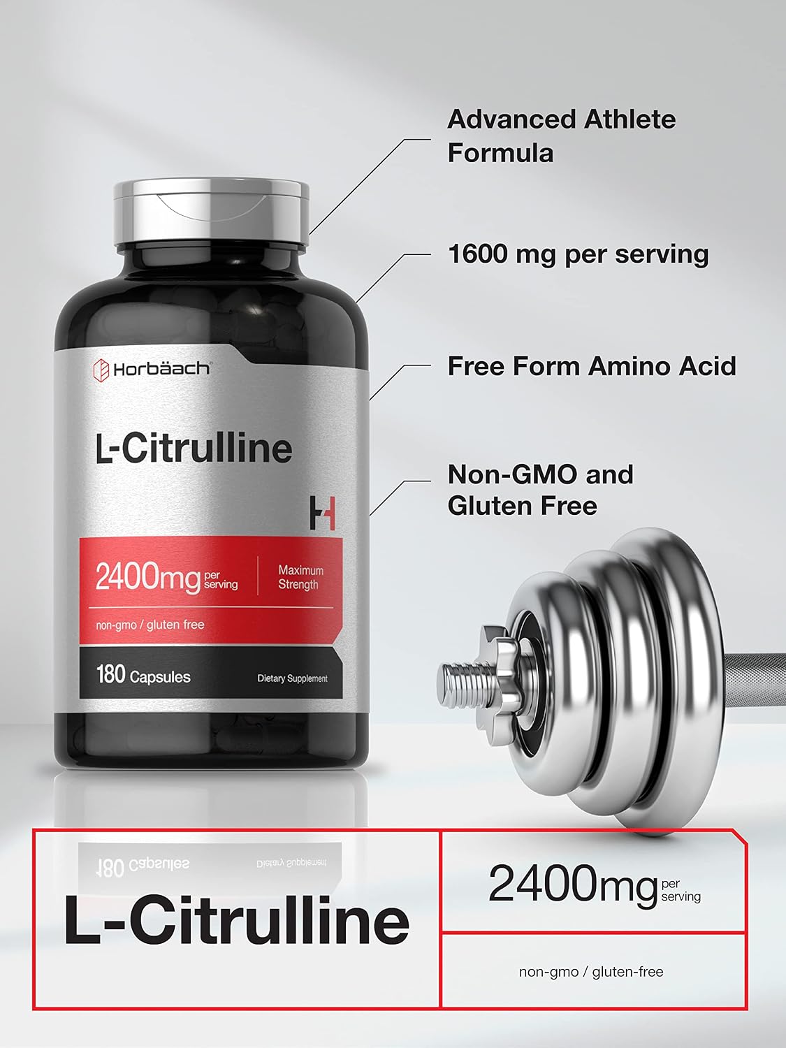 Horbaach L-Citrulline 2400mg – 180 Capsules – Maximum Strength Free Form Amino Acid Supplement - görsel 3