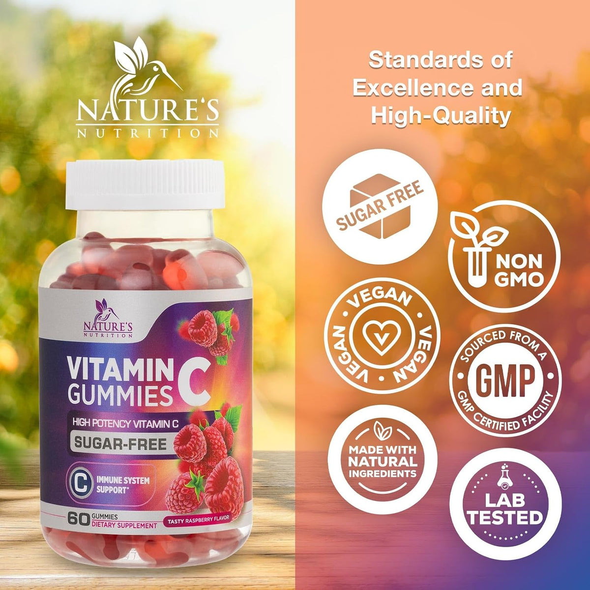 Zero Sugar Vitamin C Gummies – Immune Support & Antioxidant Supplement – Vegan, Non-GMO, Gluten-Free – Raspberry Flavour (60 Count) - görsel 4