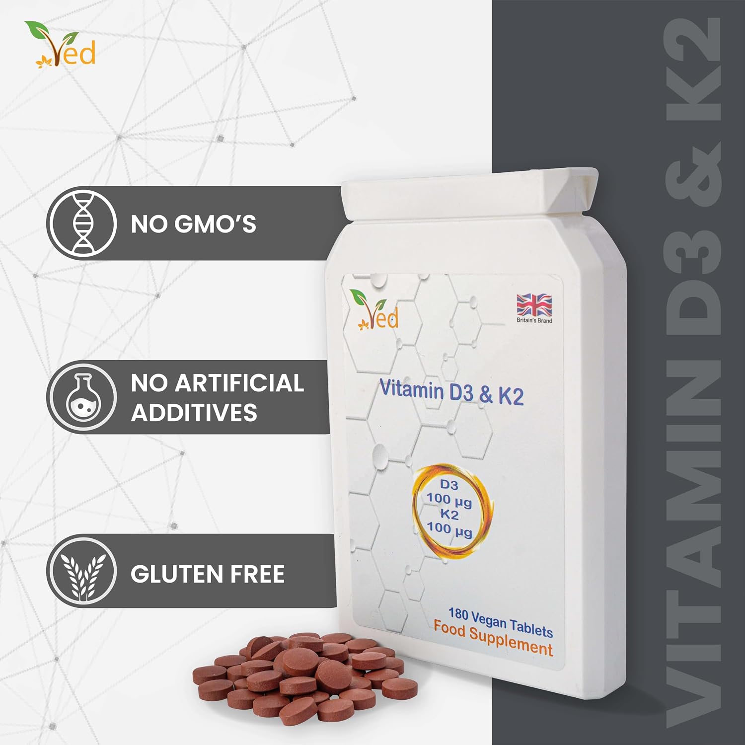VED Vitamin D3 and K2 Supplement | 100 mcg D3 & 100 mcg K2 | Vegan | 180 Tablets (6-Month Supply) - görsel 3