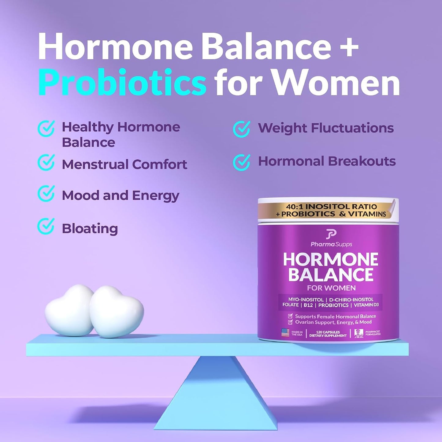 Inositol+ Hormonal Balance Supplement – 40:1 Myo/D-Chiro Inositol with Probiotics (240 Capsules) - görsel 2