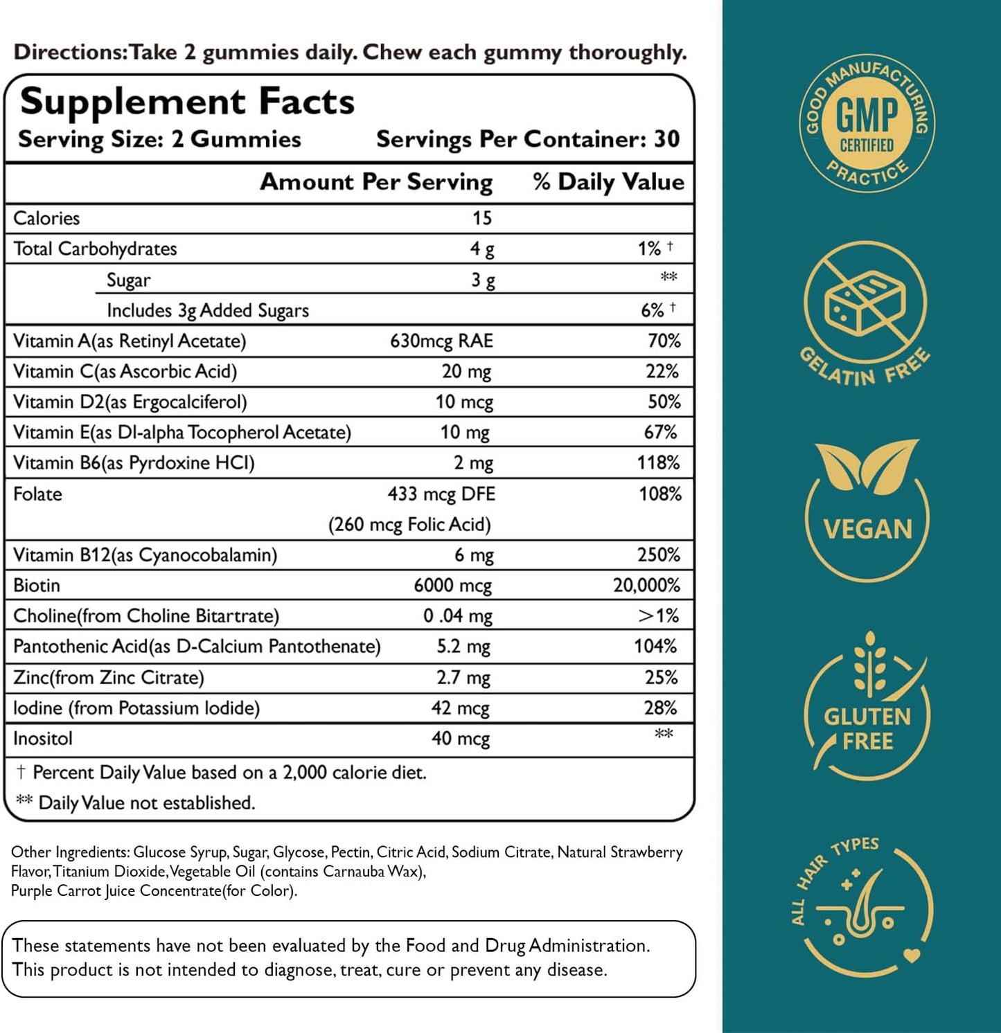 Ficpoud Hair, Skin and Nails Gummies - Vegan Biotin Vitamins for Women and Men, Supports Normal Hair Growth, Stronger Nails & Healthy Skin, 30-Day Supply - görsel 7
