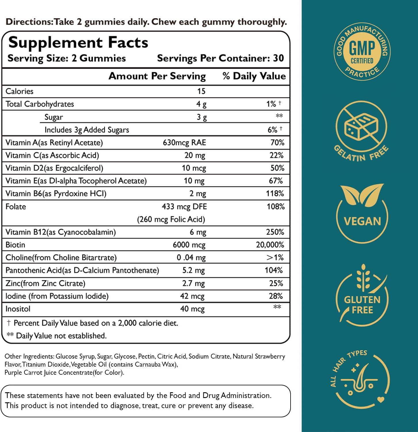 Ficpoud Hair, Skin and Nails Gummies - Vegan Biotin Vitamins for Women and Men, Supports Normal Hair Growth, Stronger Nails & Healthy Skin, 30-Day Supply - görsel 7