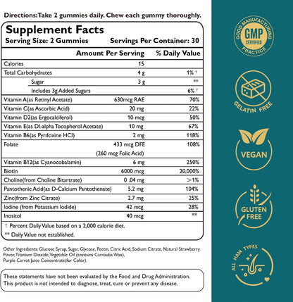 Ficpoud Hair, Skin and Nails Gummies - Vegan Biotin Vitamins for Women and Men, Supports Normal Hair Growth, Stronger Nails & Healthy Skin, 30-Day Supply