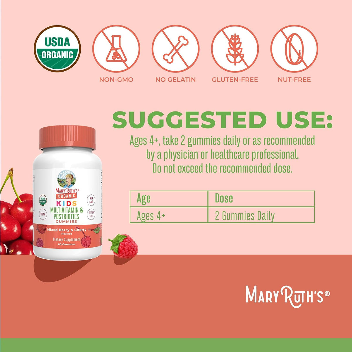 MaryRuth's Organic Kids Multivitamin + Postbiotic Gummies, Ages 4 and Over, 60 Gummies - görsel 3