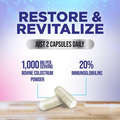 Colostrum Supplement 1000mg Per Serving – Max Strength 20% Immunoglobulins for Gut & Immune Support – Natural Bovine Powder for Muscle, Skin & Hair Support – Unflavoured & Bottled in the USA – 120 Capsules