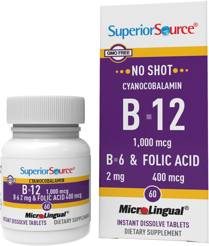 Superior Source No Shot Vitamin B12 Cyanocobalamin 10,000 mcg Sublingual Tablets, 60 Tablets
