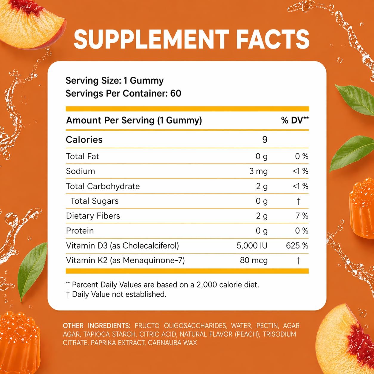 Sugar Free Vitamin D3 K2 Gummies 5000 IU + K2 MK7 80 mcg – Natural Peach Flavour - görsel 2