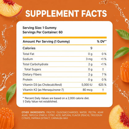 Sugar Free Vitamin D3 K2 Gummies 5000 IU + K2 MK7 80 mcg – Natural Peach Flavour