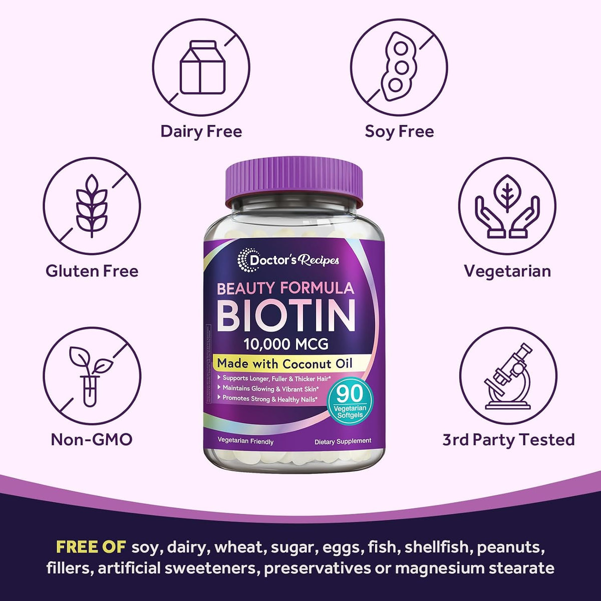 Doctor's Recipes Biotin 10,000 mcg for Hair, Skin and Nails with Coconut Oil - 90 Vegetarian Soft gel capsules - görsel 6