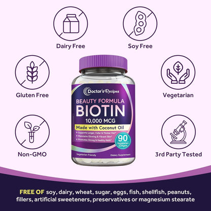 Doctor's Recipes Biotin 10,000 mcg for Hair, Skin and Nails with Coconut Oil - 90 Vegetarian Soft gel capsules