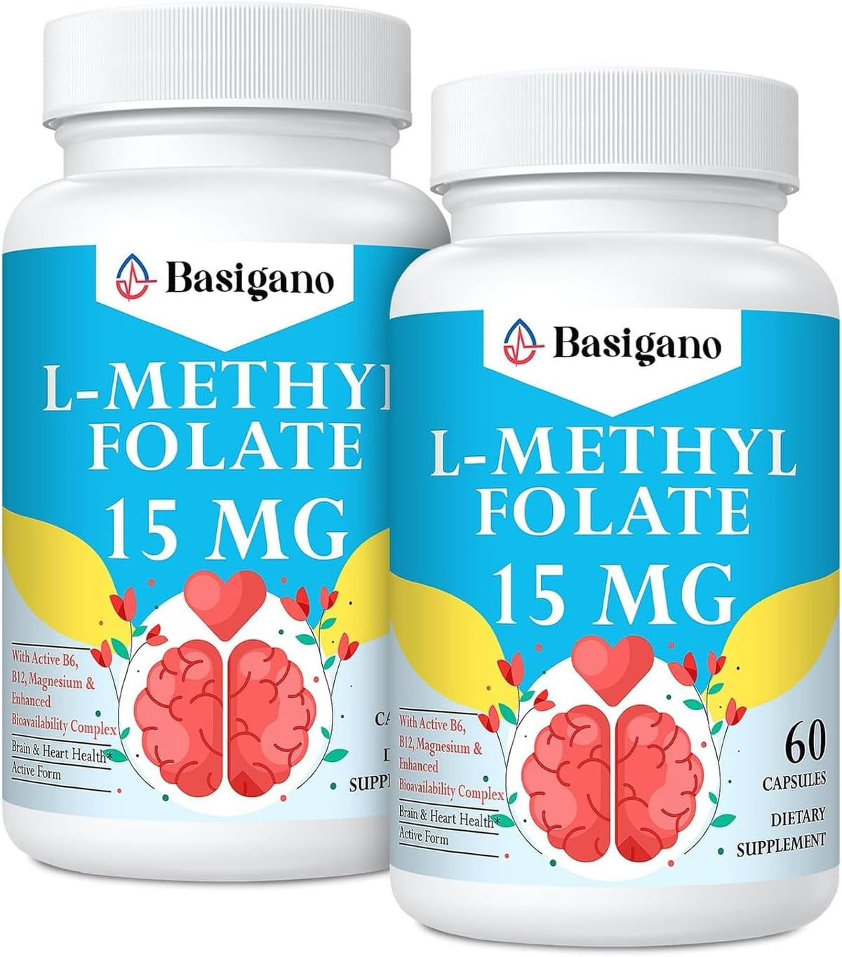 Basigano 15mg L-Methylfolate (5-MTHF) with B6 & B12 – 60 Vegetarian Capsules - görsel 1
