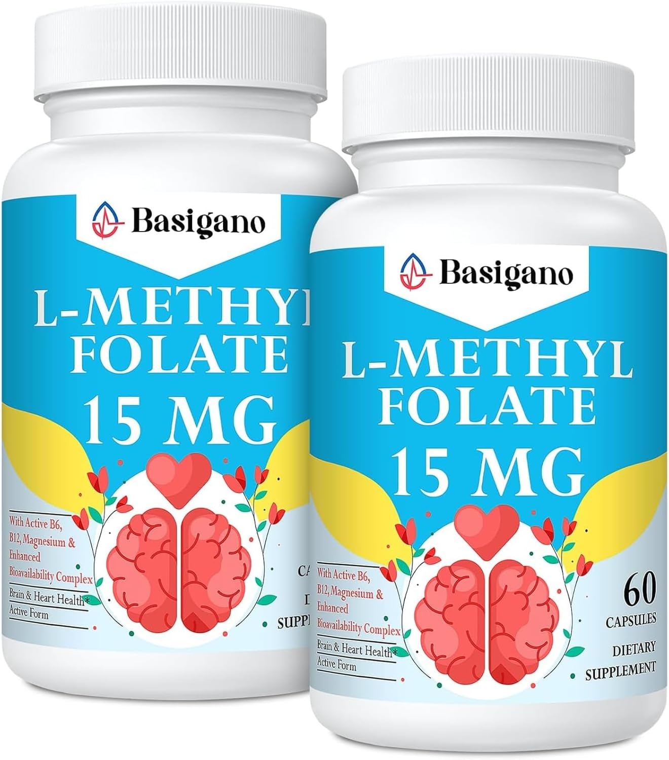 Basigano 15mg L-Methylfolate (5-MTHF) with B6 & B12 – 60 Vegetarian Capsules - görsel 1