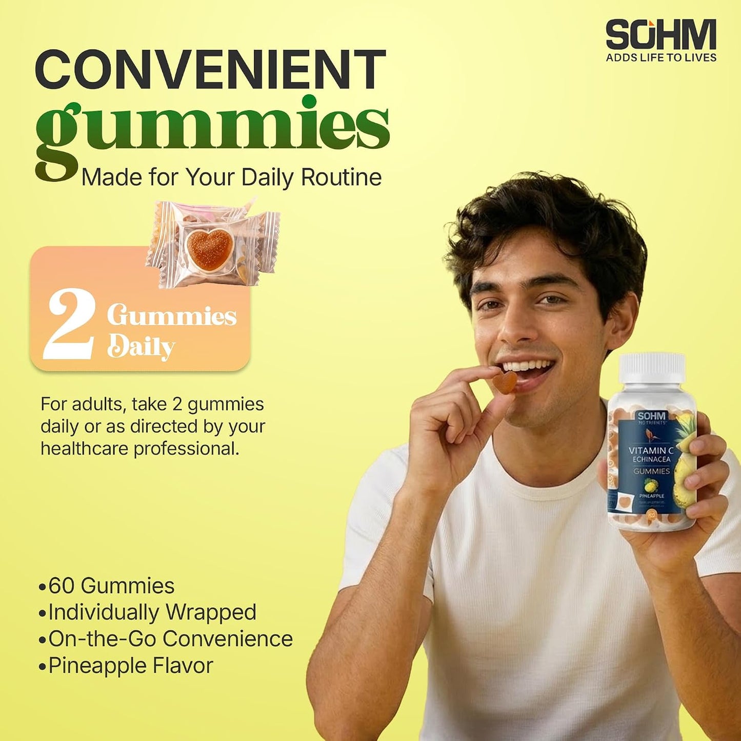 SOHM Vitamin C + Echinacea Gummies - 60 Count - Individually Wrapped - Vegetarian - görsel 4