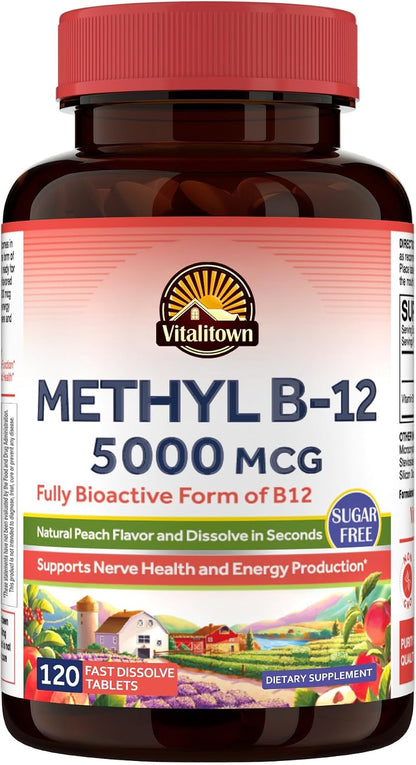 Vitalitown Vitamin B12 (Methyl B12) 5000 mcg – Bioactive Fast Dissolve Tablets, Natural Peach Flavour, Sugar-Free, 90 Count