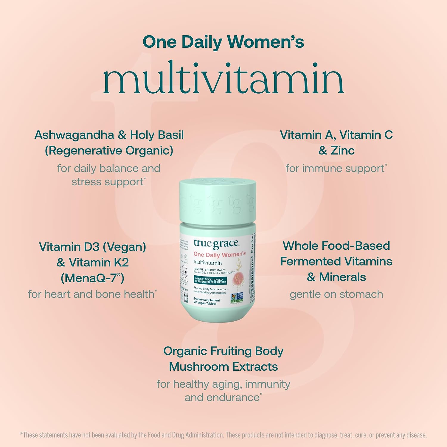 True Grace One Daily Women's Multivitamin with Fermented Minerals, Organic Adaptogens & Mushrooms - Whole Body Balance, Immune, Energy, Beauty Support - Non-GMO, Gluten-free, Soya Free - 30 Vegan Tablets - görsel 3