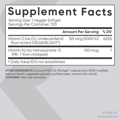 Sports Research Vitamin D3 with K2 Softgels – Vegan D3 & K2 MK-7, 5000 IU, 120 Count