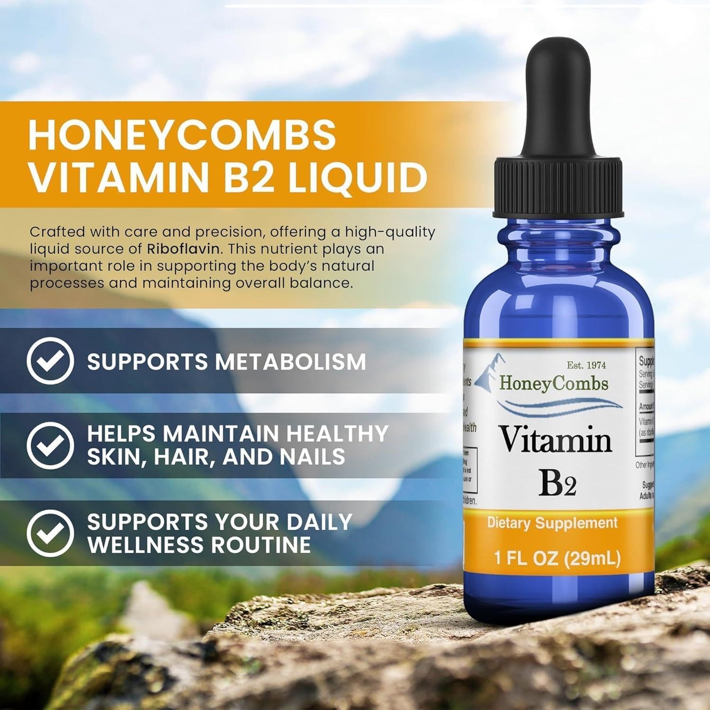 HoneyCombs Vitamin B2 Liquid Drops – High Potency Riboflavin Supplement – Alcohol Free, Vegan – 30 ml - görsel 2