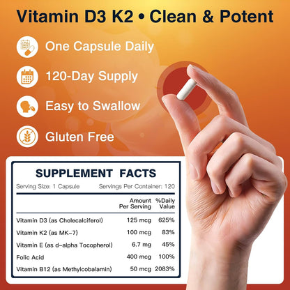 DRFOSTER Vitamin D3 & K2 Food Supplement - 5000 IU D3 + 100 mcg K2 (MK-7) with Vitamin E, Folic Acid & Methyl B12 - 120 Capsules