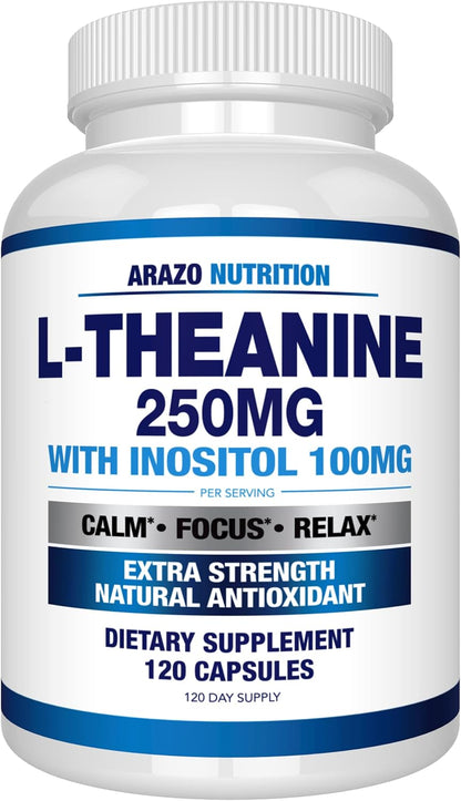Arazo Nutrition L-Theanine 250mg with Inositol 100mg, 120 Vegetarian Capsules – Image 1