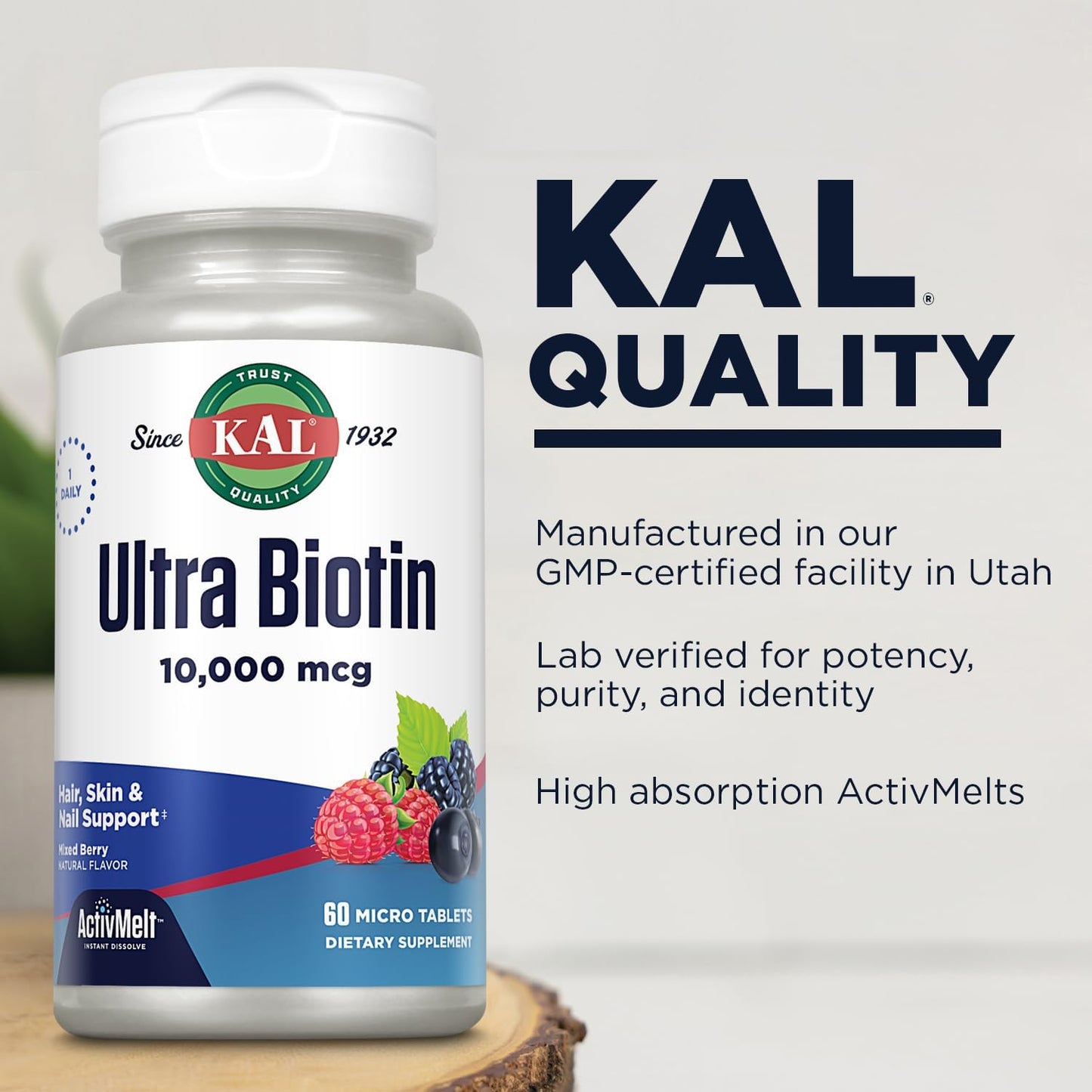 KAL Ultra Biotin 10000mcg - Biotin Hair Supplement for Women and Men - High Potency Vitamin B7 - Healthy Hair, Skin and Nails, Cellular Energy Support - Natural Berry Flavour - 60 Micro Tablets - görsel 4