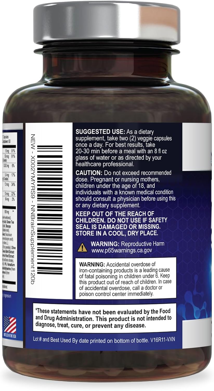 Nature's Nutrition Brain Memory Supplement - Triple Strength Nootropics for Concentration, Clarity and Focus Support – 120 Capsules - görsel 8