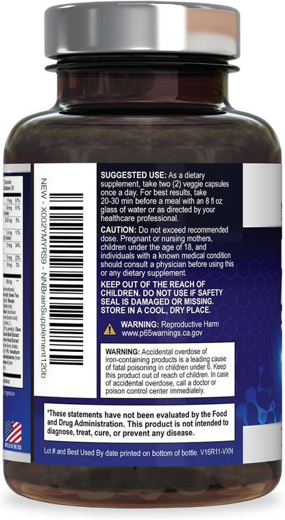 Nature's Nutrition Brain Memory Supplement - Triple Strength Nootropics for Concentration, Clarity and Focus Support – 120 Capsules