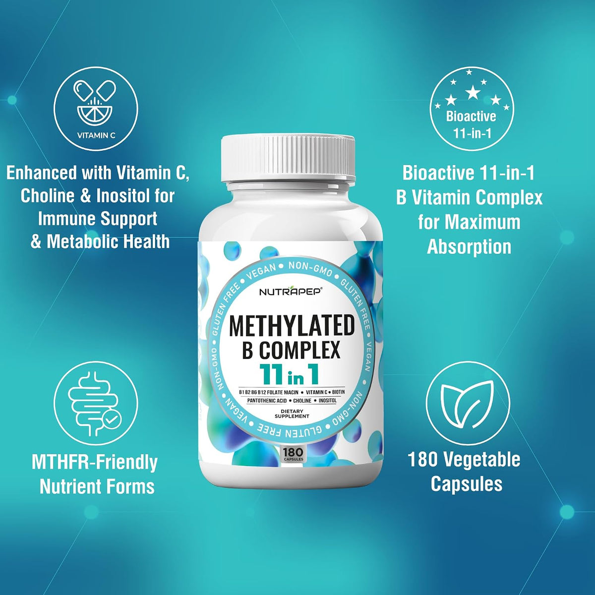 NutraPep Methylated B-Complex Vitamins - Complete Methyl B Complex Multivitamin with Bioactive B9 5-MTHF B6 B12 - MTHFR Support Supplement for Brain, Heart & Energy - Vegan, Gluten-free, Sugar Free - görsel 5