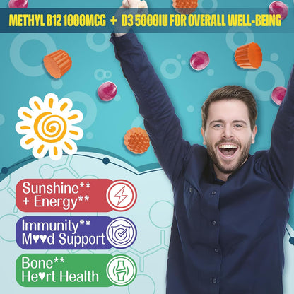 Focus Memory & Energy Gummies - L-Tyrosine + Methyl B12 1000 µg, B6 50mg, D3 C, Lion's Mane Mushroom - Sugar Free