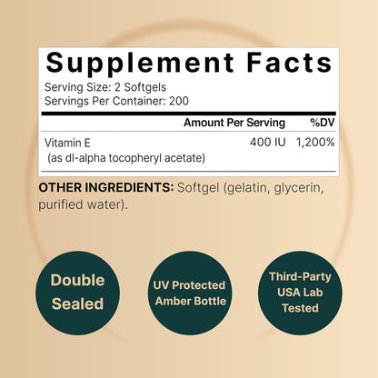 NatureBell Vitamin E Oil Softgels, 400 IU per Serving, 400 Capsules | Essential Antioxidant Supplement, Easily Absorbed Form – Contributes to Normal Immune Function & Skin Health – Non-GMO