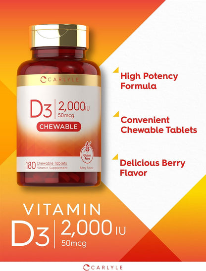 Carlyle Chewable Vitamin D3 2000 IU - 180 Berry Flavoured Tablets