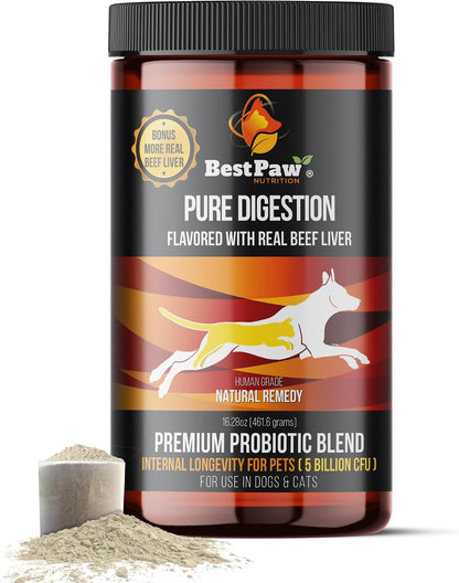 Best Paw Nutrition Probiotics for Dogs – Digestive Enzymes & Probiotic Powder with Pumpkin, Turmeric, Prebiotic FOS, Beef Liver Flavour (454 g)