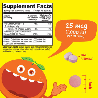 VitaWorks Kids Vitamin D 1000 IU Chewable Tablets - Orange Flavour - Vegan - 120 Count