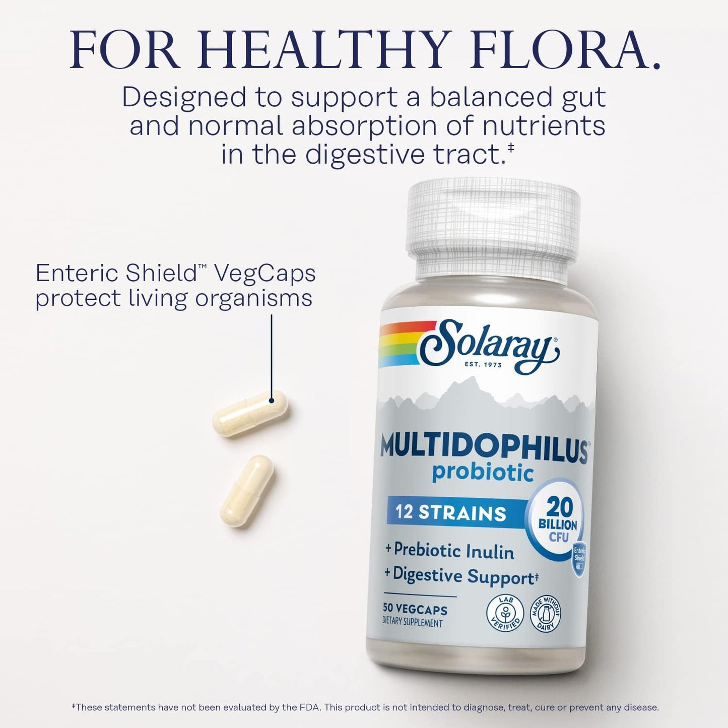 SOLARAY Multidophilus 12 Strain Probiotic 20 Billion CFU - Digestive Health & Gut Support with Prebiotic Inulin, Dairy-Free, 50 Enteric-Coated Veg Capsules - görsel 3