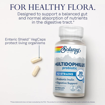 SOLARAY Multidophilus 12 Strain Probiotic 20 Billion CFU - Digestive Health & Gut Support with Prebiotic Inulin, Dairy-Free, 50 Enteric-Coated Veg Capsules
