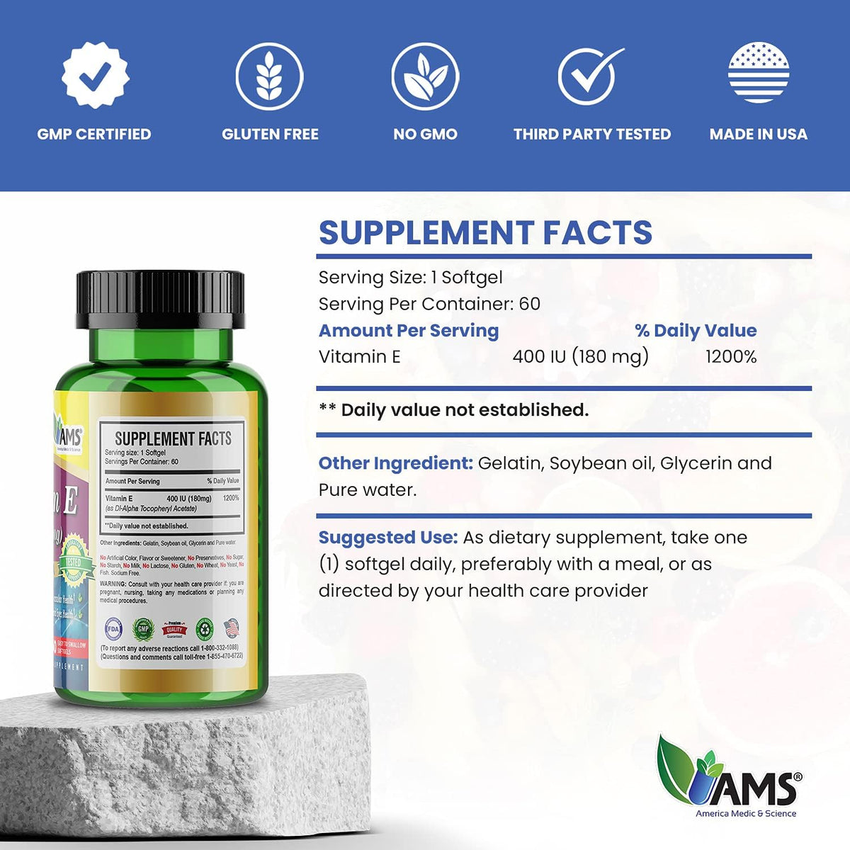 America Medic & Science Vitamin E 400 IU (60 Softgels) Food Supplement - görsel 5