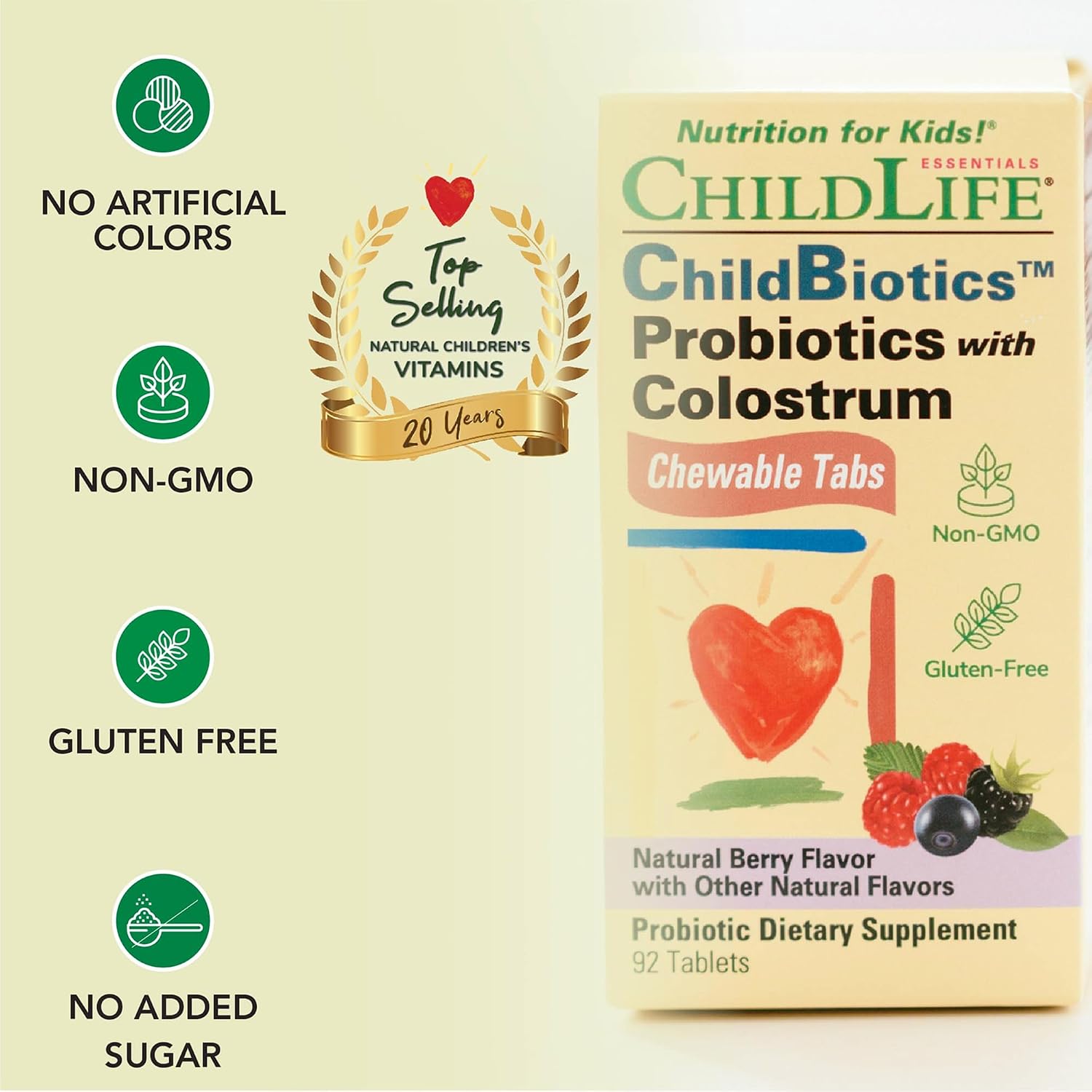 CHILDLIFE ESSENTIALS ChildBiotics with Colostrum - Probiotics for Kids, Chewable Children's Probiotics for Digestive Health, Colostrum for Kids - Natural Berry Flavour, 92 Tablets (Pack of 2) - görsel 4