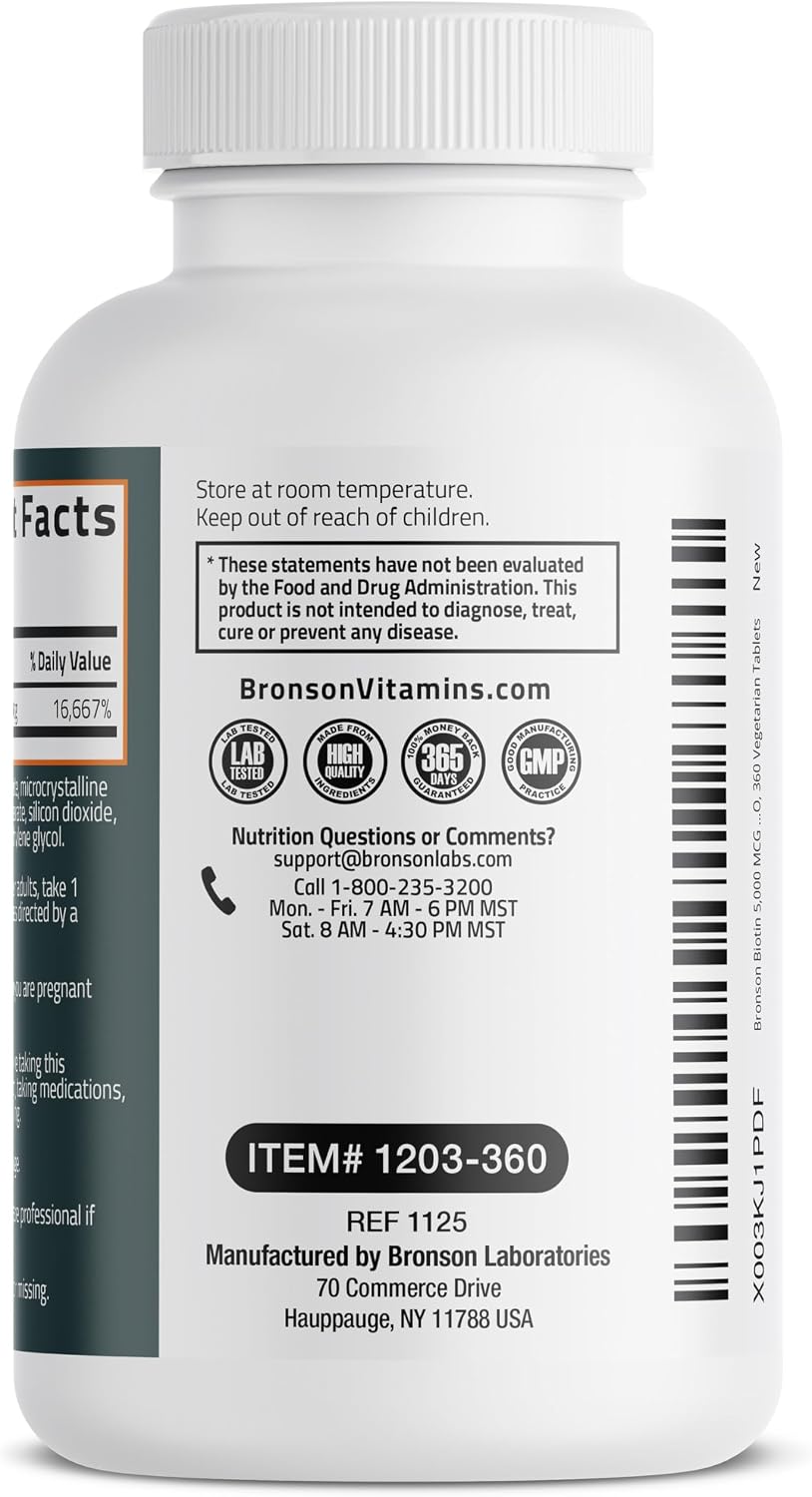 Bronson Biotin 5,000 mcg – High Potency for Healthy Hair, Skin and Nails – 360 Vegetarian Tablets - görsel 5