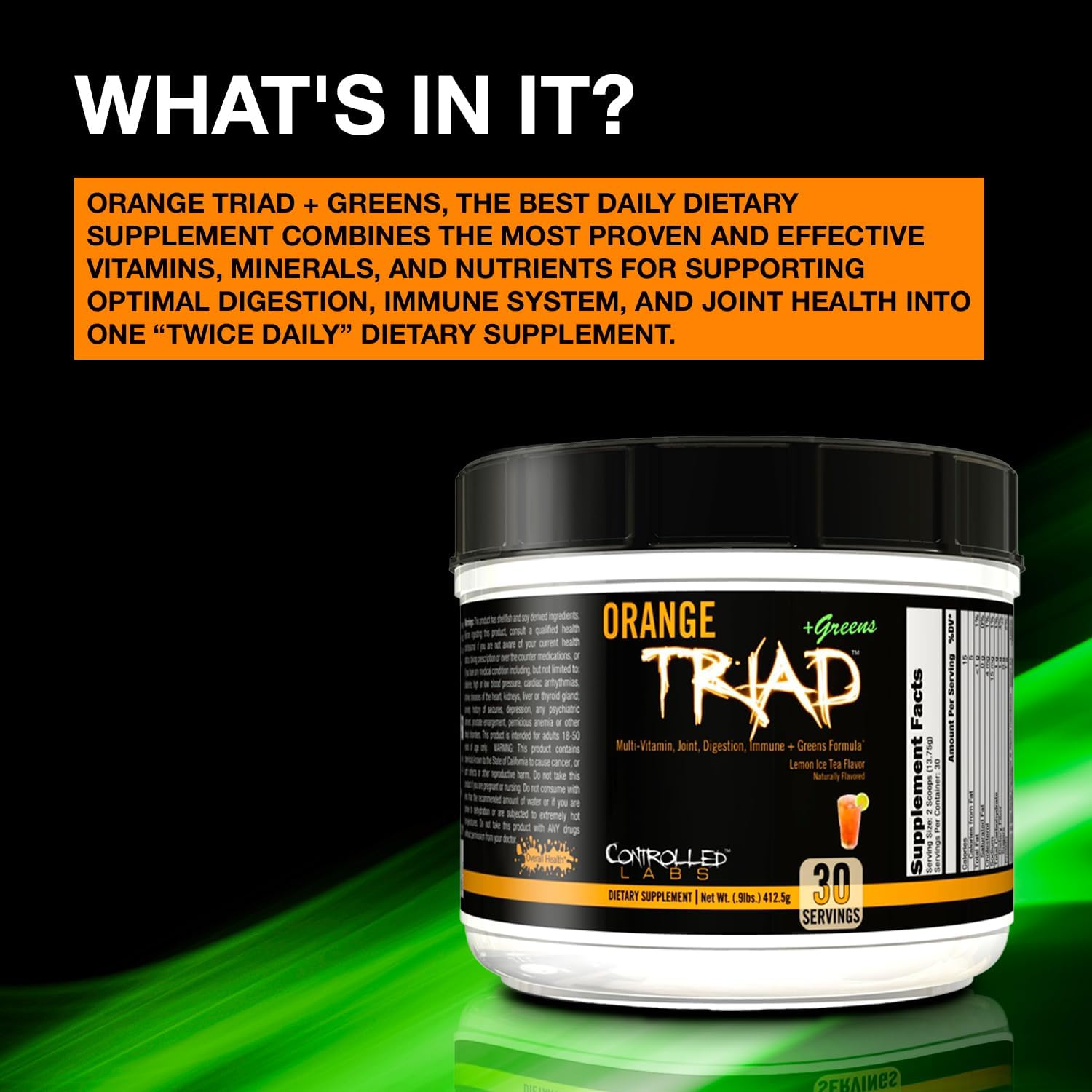 CONTROLLED LABS Orange Triad Plus Greens for Men and Women, 30 Servings Iron Free Sports Supplement for Overall Health, Multivitamin, Digestion, Immune System, and Joint Health - görsel 5