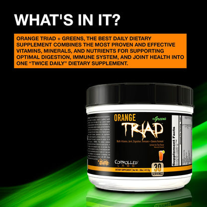 CONTROLLED LABS Orange Triad Plus Greens for Men and Women, 30 Servings Iron Free Sports Supplement for Overall Health, Multivitamin, Digestion, Immune System, and Joint Health