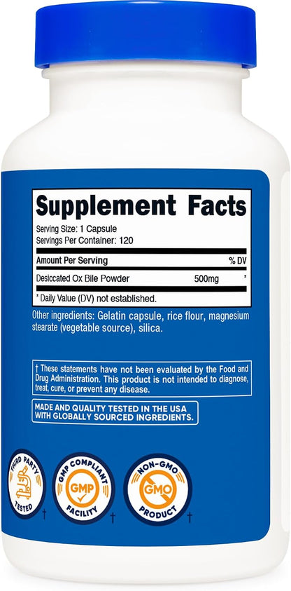 Nutricost Ox Bile Capsules 500mg (120 Capsules) - Non-GM, Gluten-free