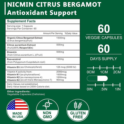 NICMIN Citrus Bergamot 1500mg with Hesperidin, Diosmin, Resveratrol, Vitamin D3, K1 & K2 - Supplement for Heart & Bone Health, 60 Vegetable Capsules
