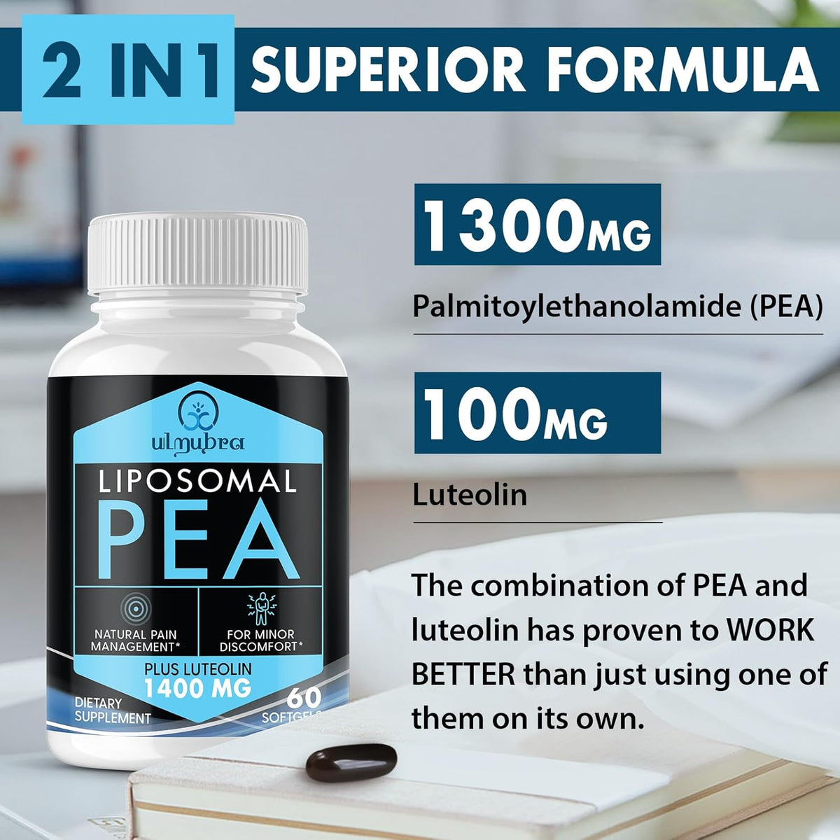 Ulmubra Liposomal Palmitoylethanolamide 1300 mg Plus Luteolin 100 mg - 60 Softgels - görsel 2