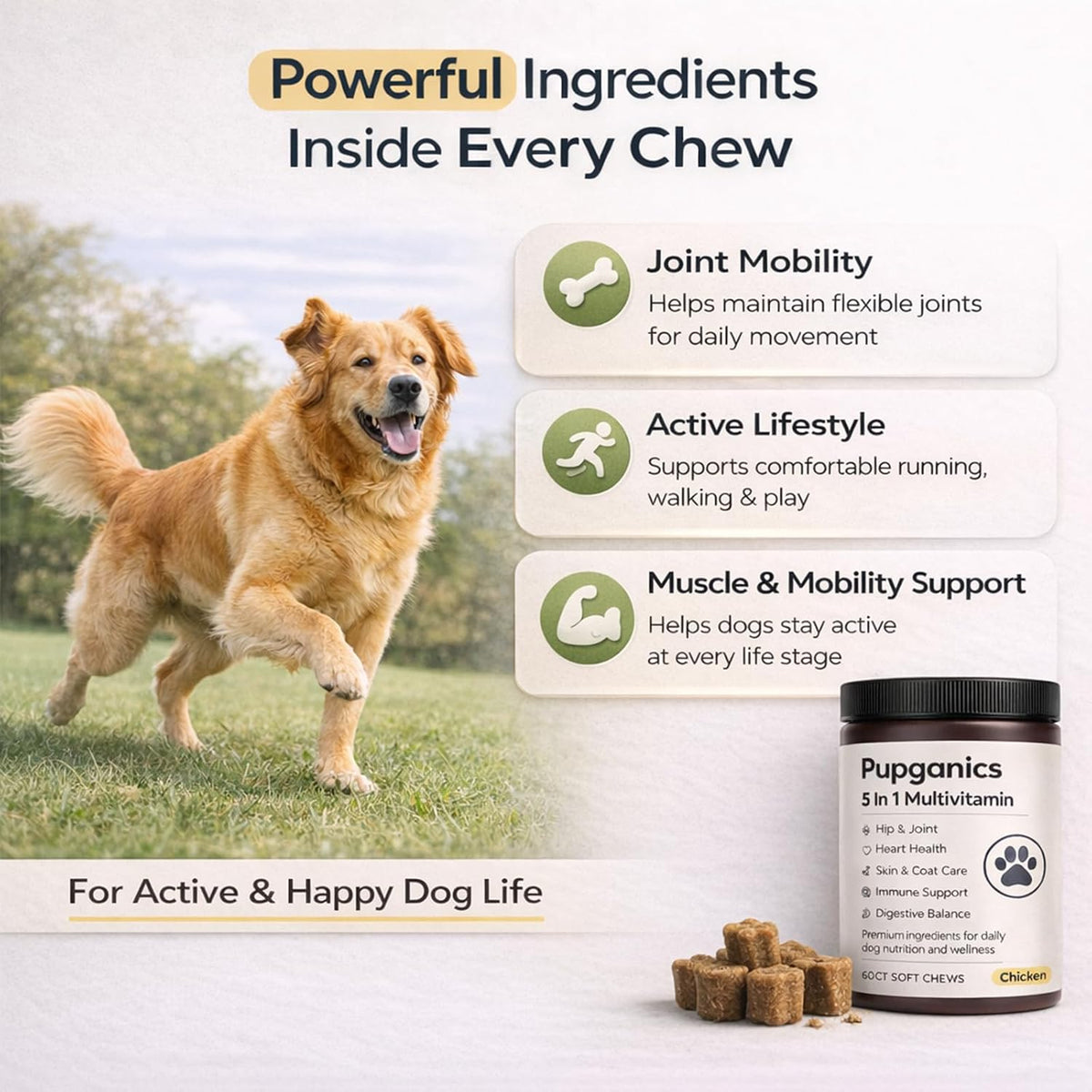 Pupganics Multivitamin Soft Chews for Dog, Dog Vitamins and Supplements for Immune System, Joint Support, Skin, Gut Health, with Probiotics, Glucosamine, Vitamin A/D3/E, Chicken Flavour, 60 Count (1) - görsel 6