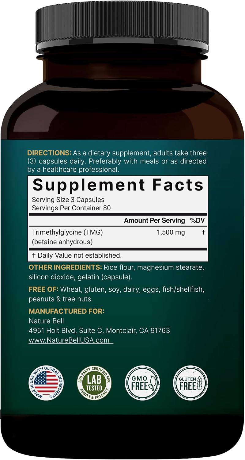 NatureBell TMG Supplements 1500mg, 240 Capsules – Max Strength Betaine Anhydrous Trimethylglycine – Supports Normal Homocysteine Metabolism, Heart & Liver Health – Non-GMO, Gluten-free - görsel 7