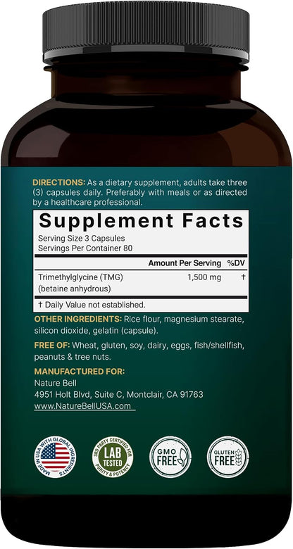 NatureBell TMG Supplements 1500mg, 240 Capsules – Max Strength Betaine Anhydrous Trimethylglycine – Supports Normal Homocysteine Metabolism, Heart & Liver Health – Non-GMO, Gluten-free