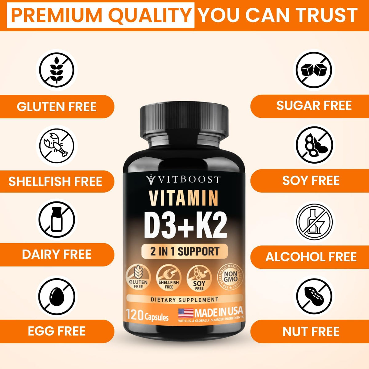 VITBOOST Vitamin D3 K2 Complex - 5000 IU D3 & 90 mcg K2 MK-7 - 120 Capsules - görsel 3