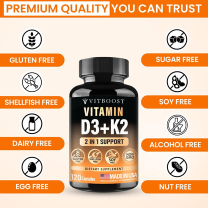 VITBOOST Vitamin D3 K2 Complex - 5000 IU D3 & 90 mcg K2 MK-7 - 120 Capsules